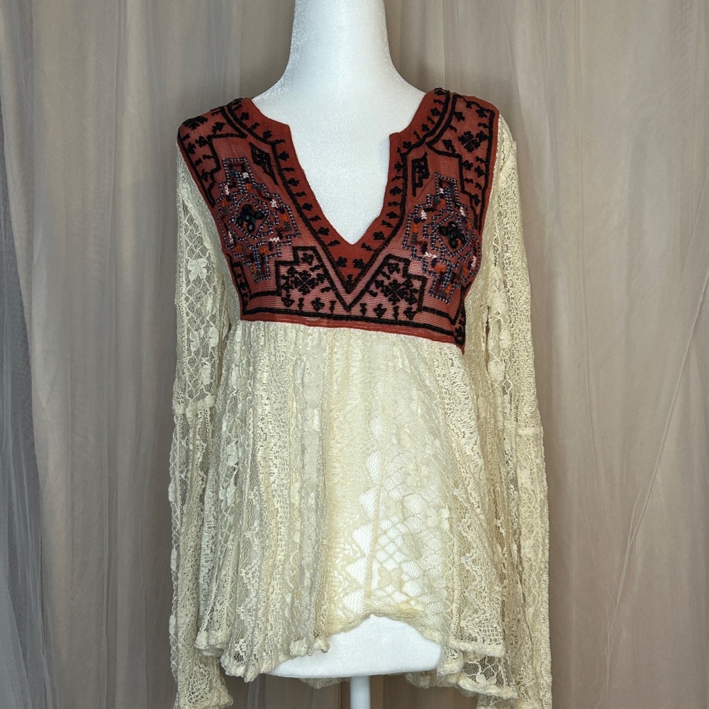 Free People Cream Relaxed Embellished Tunic, Open-Weave